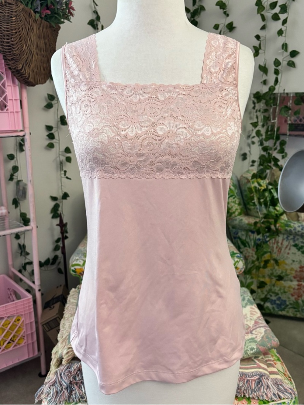 Y2K Baby Pink Lace Tank Top Coquette Soft Girl Fitted Cami Size S - Picture 2 of 6